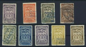 9x Canada Sask. Law Stamps 1908 25c-50c-$1.-$2. & 1938 50c-$1.-$2.00-$3.00-5.00