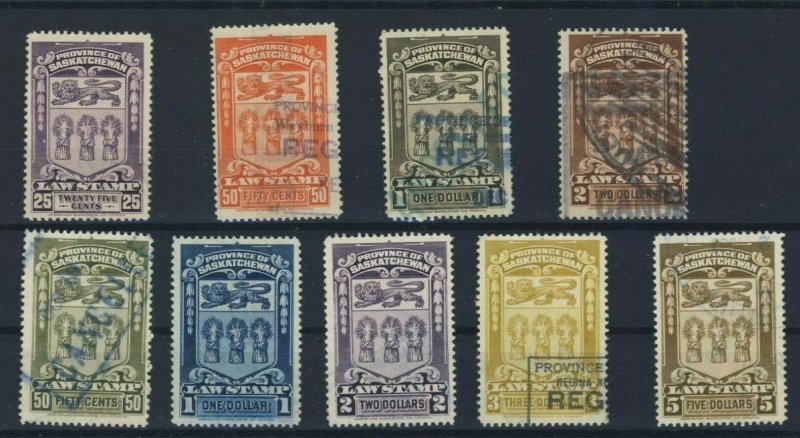 9x Canada Sask. Law Stamps 1908 25c-50c-$1.-$2. & 1938 50c-$1.-$2.00-$3.00-5.00