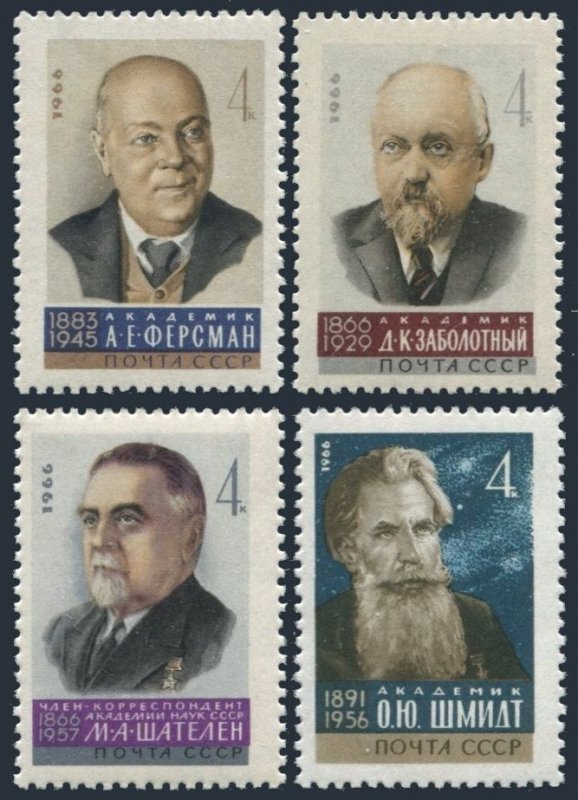 Russia 3189-3191A blocks/4,MNH.Mi 3201-3203,3291. Soviet Scientists,1966.Fersman