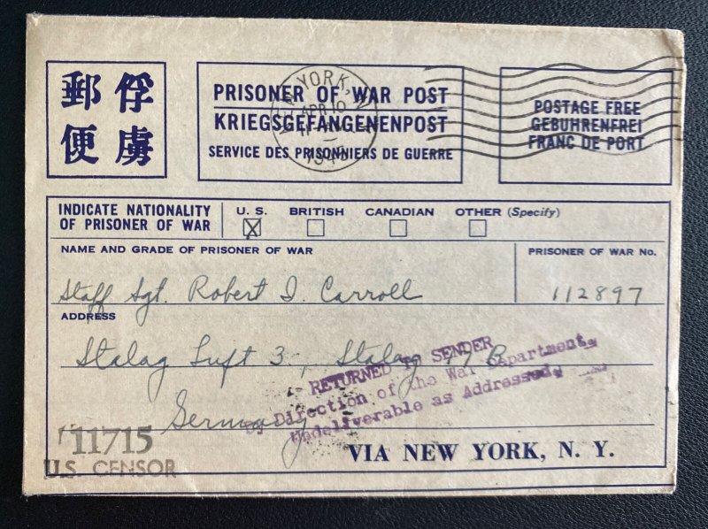 1945 Grand Rapid USA Letter Cover to Prisoner of War POW Stalag Luft 3 Germany