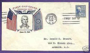 816  JAMES POLK 11c 1938, FIDELITY FIRST DAY COVER, ADDR.