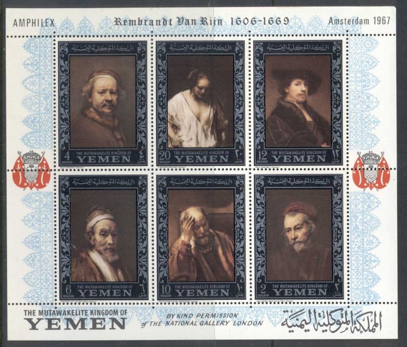 Yemen Kingdom 1967 Mi#MS37A Rembrandt Paintings, Amphilex Stamp Ex, silver bo...