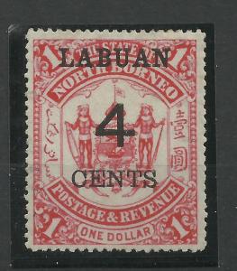 Labuan 1895 Sg 75, 4c on $1 Scarlet, Lightly Mounted Mint with gum. [C/W 431]