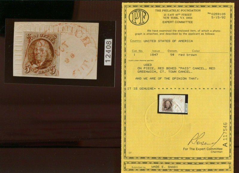1 Franklin Imperf Used Stamp on Piece w/ BOXED PAID CANCEL with PF &  PSE Certs