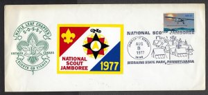 1977 US National Boy Scout Jamboree East Moraine cancel label SOSSI Maple Leaf