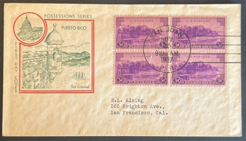 PUERTO RICO LA FORTALEZA #801 NOV 25 1937 SAN JUAN PR FIRST DAY COVER (FDC) BX5