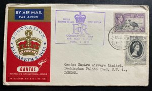 1953 Solomon Islands Coronation FDC cover QE 2 Queen Elizabeth II Qantas Flight