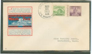 US 730a/731a 1933 1ct & 23ct century of progress (imperf singles) on an addressed (typed) first day cover with an ioor cachet