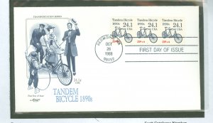 US 2266 1988 24.1c tandem bicycle - 1890's, transportation series, coil plate number #1 strip of 3 on unaddressed fdc wi...