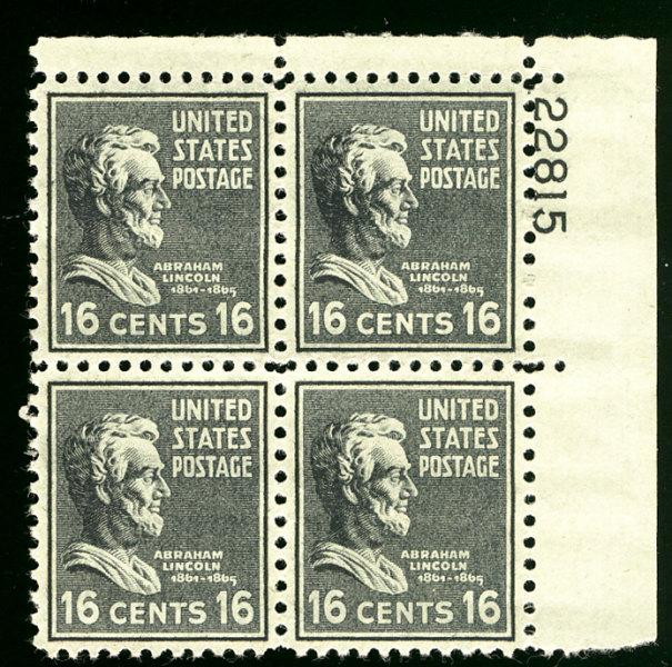 US #821 PLATE BLOCK, VF/XF mint never hinged, 16c Lincoln, very fresh color, ...