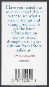 BK288 #3618a-b 23c George Washington Booklet/10 P#1 2002 Mint NH