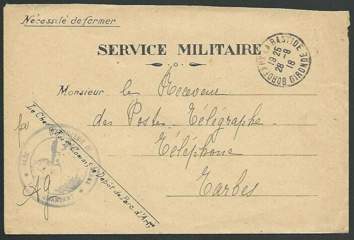 FRANCE 1918 SERVICE MILITAIRE cover Bordeaux to Tarbes.....................58049