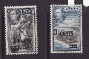 Ceylon-Sc#290-1- id7-two unused og NH KGVI 3c surcharged-1940-1-