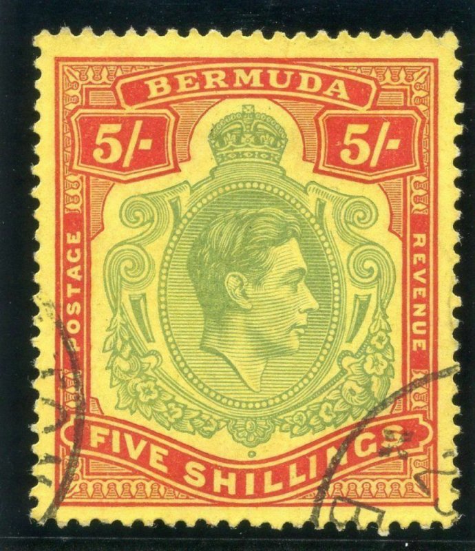 Bermuda 1939 KGVI 5s pale green & red/yellow very fine used. SG 118a.