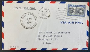 1941 Lagos Nigeria First flight Airmail cover FFC To San Juan Puerto Rico