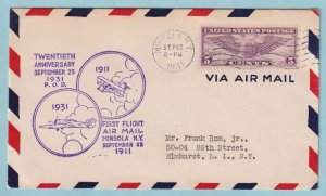 UNITED STATES FIRST FLIGHT ANNIVERSARY COVER 1911 - 1931 MINEOLA NY- CV366