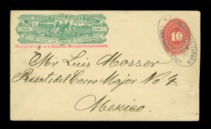 MEXICO 1888 WELLS FARGO EXPRESS 15cts + 10cts VF cover from Vera Cruz to Mexico