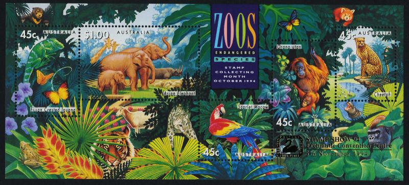 Australia 1389e MNH Zoo, Elephant, Birds, Orangutan, Cheetah, Fremantle show o/p