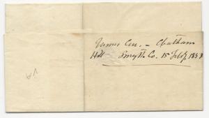 VA US STAMPLESS COVER Chatham Hill Feb 23, 1851 Unlisted in ASCC & VPHS