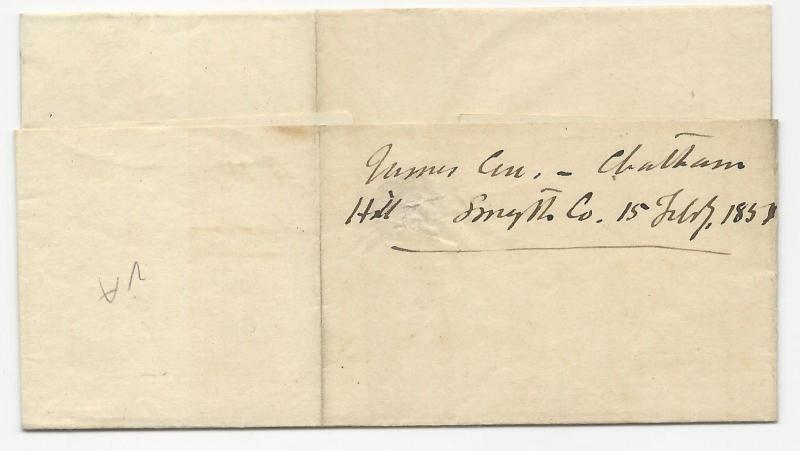 VA US STAMPLESS COVER Chatham Hill Feb 23, 1851 Unlisted in ASCC & VPHS