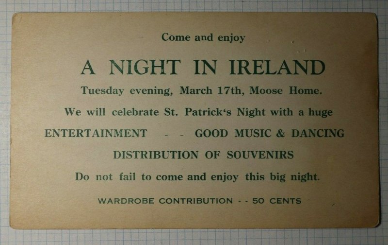 Memphis Tenn Philatelic Invitation Postcard 1931 Night in Ireland Moose Home