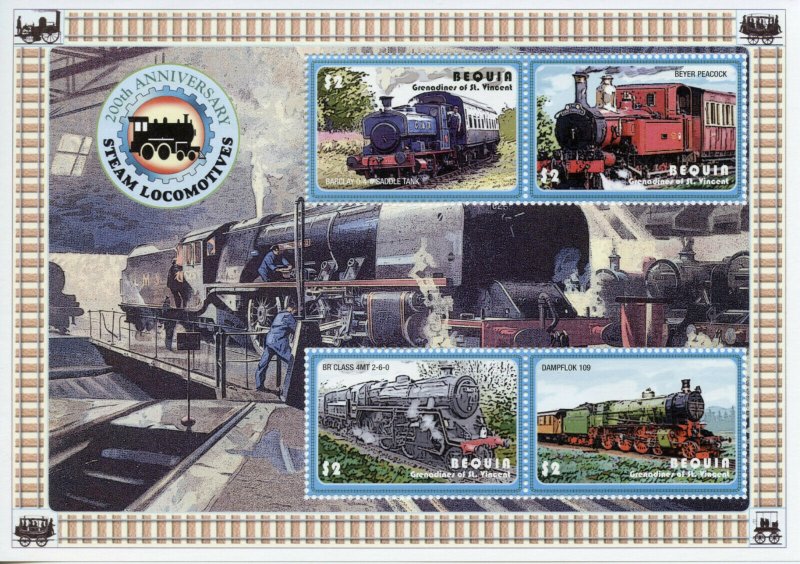 Bequia Gren St Vincent Trains Stamps 2004 MNH Steam Locomotives Rail 4v M/S I