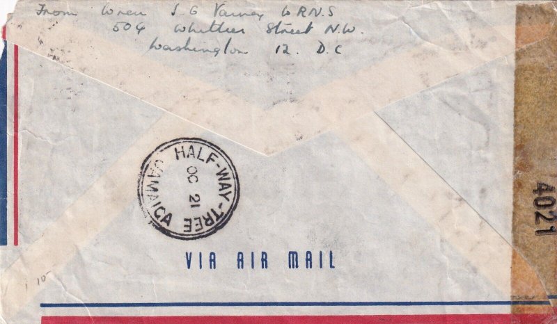 1943 Washington DC to Half Way Tree, Jamaica Airmail FDC Censored ... (C6070)