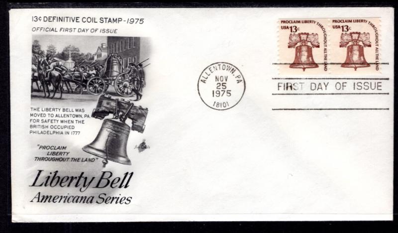 US 1618 Liberty Bell Coil Pair Artcraft U/A FDC