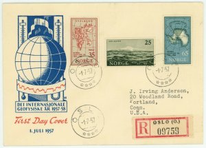 Norway #355-357 Registered Cover to USA FDC First Day Issue Postage 1957 Europe