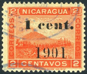 Nicaragua 1901 Momotombo 1¢ on 2¢ (Black OP) Maxwell  # 197R VFU W36