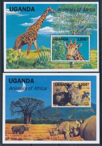 [110639] Uganda 1991 Wild life giraffe rhinoceros 2 Souvenir sheets MNH