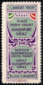 1909 Austria Poster Stamp Long Distance Bike Ride. Engine Reliability Trip