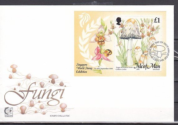 Isle of Man, Scott cat. 655. Mushrooms s/sheet. Orchid shown First day cover.. ^