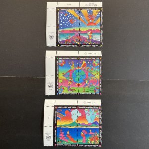 UN 1992 Earth Summit UL Inscription Blocks of 4 MNH NY, Geneva, Vienna Peter Max 