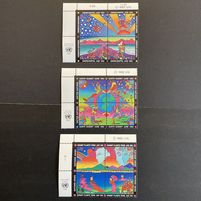 UN 1992 Earth Summit UL Inscription Blocks of 4 MNH NY, Geneva, Vienna Peter Max 