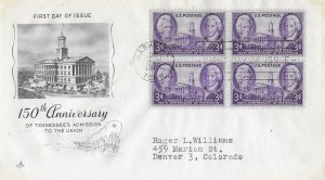 1946 FDC, #941, 3c Tennessee 150th, Art Craft, block of 4