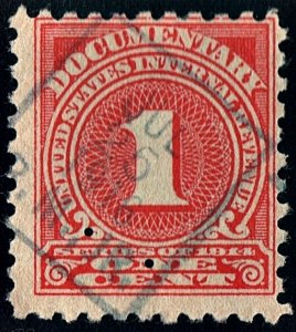 R207 1¢ Documentary Stamp (1914) Used/Date Stamp/Pinholes