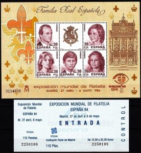 SPAIN 1984 Royal Family. Stamps Expo ESPANA-84. Souv sheet and Expo Ticket, MNH