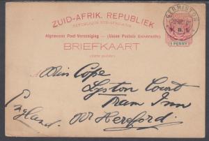 Transvaal H&G 10 used 1900 1p Postal Card, Germinston to England 