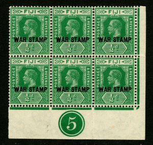 ES-1394 FIJI 1916 WAR TAX STAMPS KGV SCOTT MR1 1/2p GREEN CONTROL BLOCK MNH $28