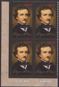 4377 Edgar Allan Poe Plate Block MNH