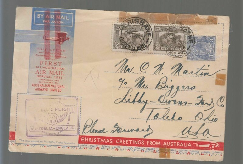 1931 Brisbane Australia to England Christmas Greetings FFC First Flight Cover