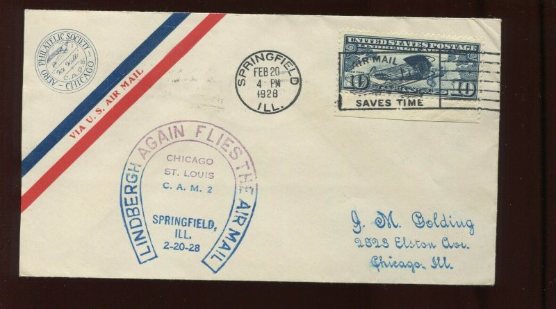 FEB 20 1928 CAM 2  LINDBERGH AIRMAIL COVER SPRINGFIELD TO  CHICAGO ILLINOIS