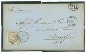 Spain 93 1867 Cadiz to London via France, 7/27/67 folded letter with horizontal crease, Madrid 7/29/67 back cancel.