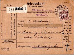 Sweden 30k King Gustaf V c1919 Malmo 1 PAK Domestic Parcel Card to Alingsas. ...