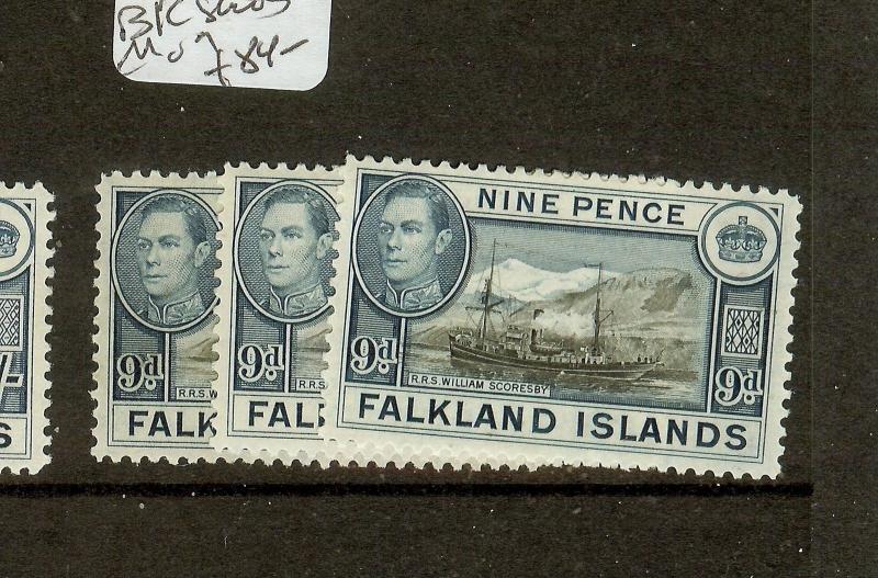 FALKLAND ISLANDS  (P0508B) KGVI 9D  SG157X 3  BK LISTED  SHADES  MOG