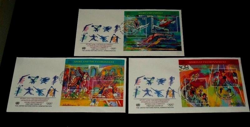 U.N. 1996, SPORT AND  ENVIRONMENT, SOUVENIR SHEET ON FDCs, 3 OFFICES,NICE! LQQK!