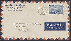1952 Adelaide Motors CC Air Mail Cover St John's Newfoundland to Toronto