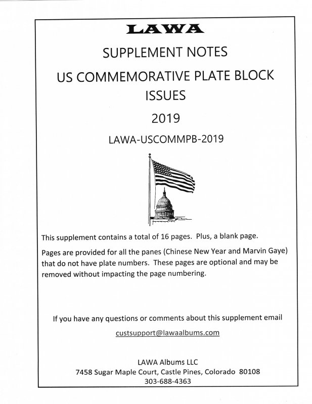 2019 US COMMEMORATIVE PLATE BLOCKS  SUPPLEMENT – LAWA Album Pages