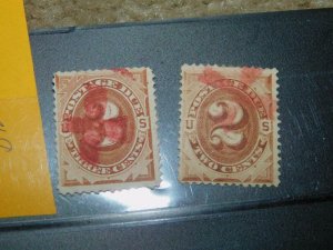 US 2 EARLY POSTAGE DUES WITH CROSS (RED) CANCELS